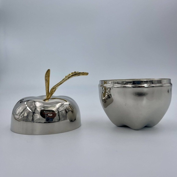 Silver Trinket Box Apple Shaped w Gold Brass Toned Metal Handle Home Decor - Picture 2 of 6